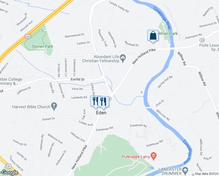 map of restaurants, bars, coffee shops, grocery stores, and more near 1507 Butter Road in Lancaster