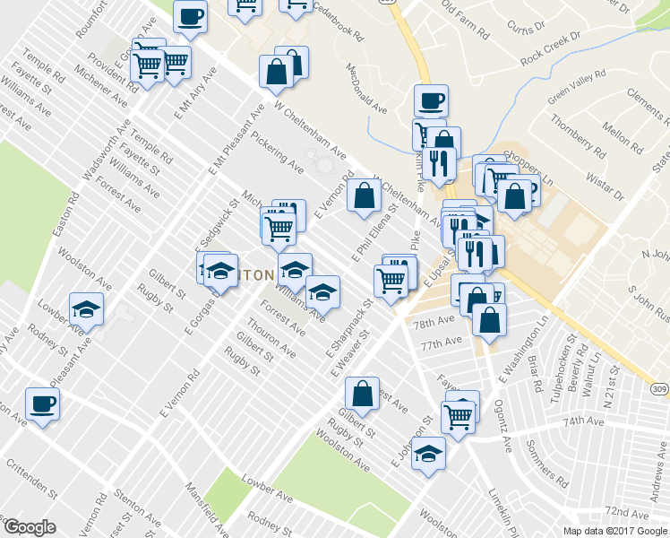 map of restaurants, bars, coffee shops, grocery stores, and more near 7910 Michener Avenue in Philadelphia