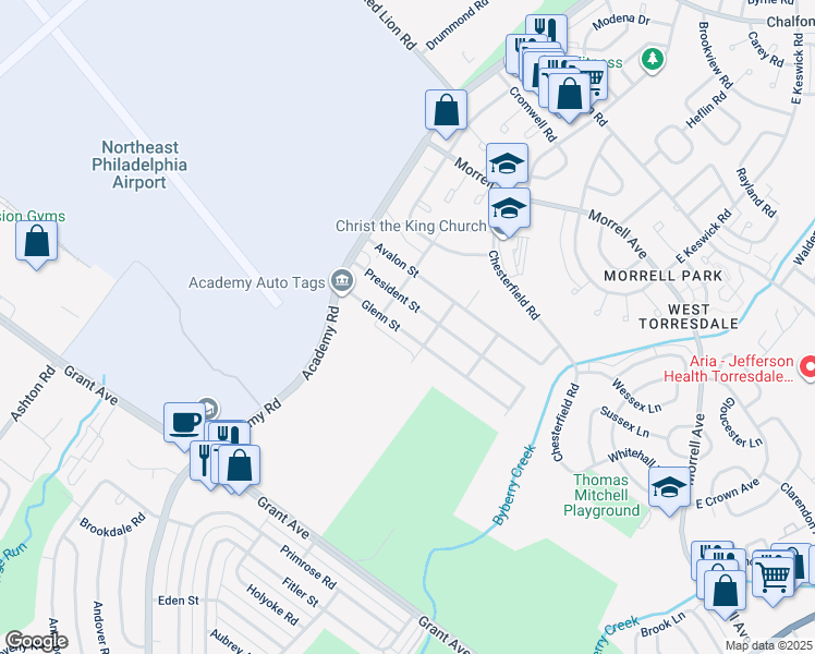 map of restaurants, bars, coffee shops, grocery stores, and more near 3615 Glenn Street in Philadelphia