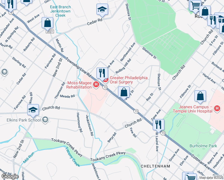 map of restaurants, bars, coffee shops, grocery stores, and more near 106 Susan Drive in Elkins Park