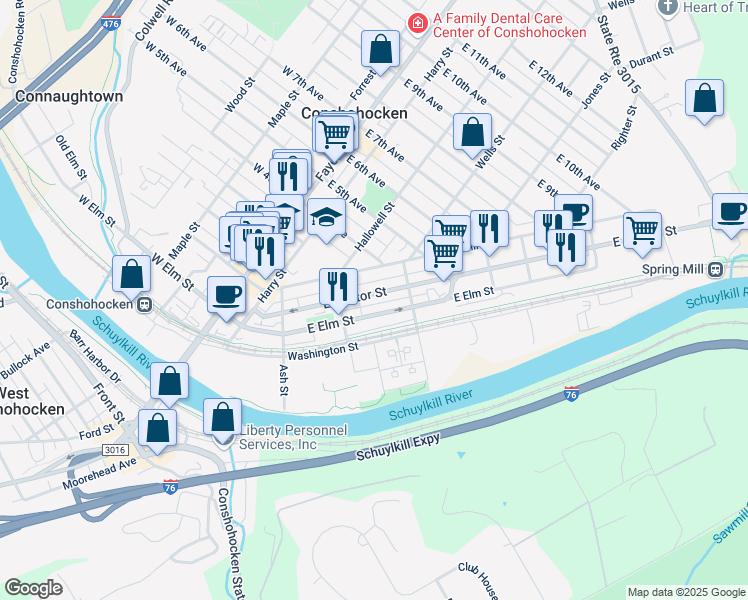 map of restaurants, bars, coffee shops, grocery stores, and more near 343 East Hector Street in Conshohocken