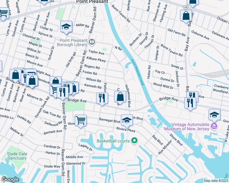 map of restaurants, bars, coffee shops, grocery stores, and more near 2114 Kenneth Road in Point Pleasant