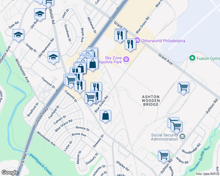 map of restaurants, bars, coffee shops, grocery stores, and more near 9228-38 Blue Grass Road in Philadelphia