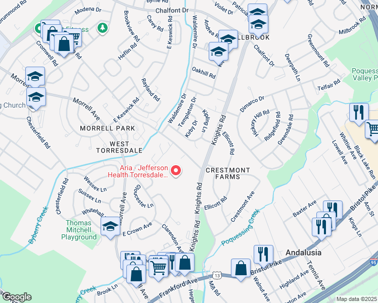 map of restaurants, bars, coffee shops, grocery stores, and more near 3843 Red Lion Road in Philadelphia