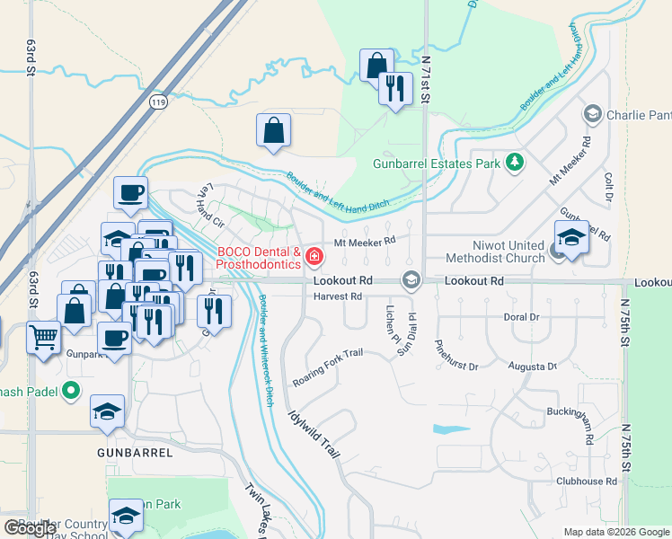 map of restaurants, bars, coffee shops, grocery stores, and more near 6921 Harvest Road in Boulder