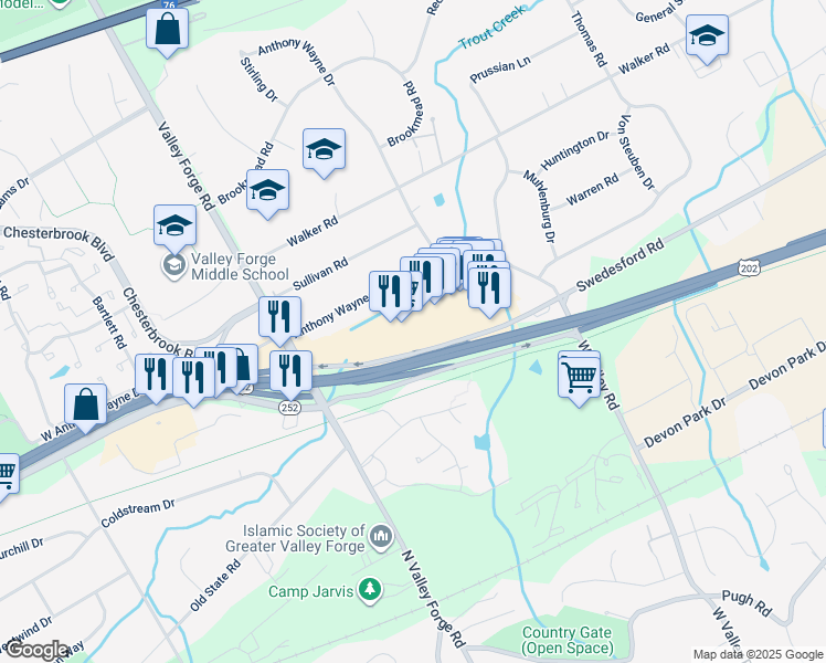 map of restaurants, bars, coffee shops, grocery stores, and more near 125 Swedesford Road in Wayne