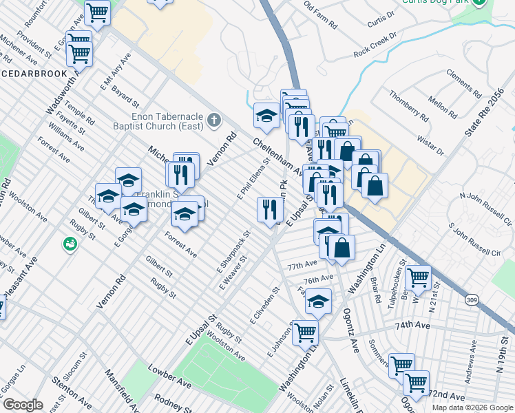 map of restaurants, bars, coffee shops, grocery stores, and more near 7824 Provident Road in Philadelphia
