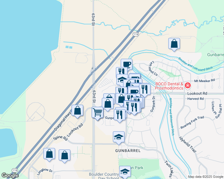map of restaurants, bars, coffee shops, grocery stores, and more near 6395 Lookout Road in Boulder