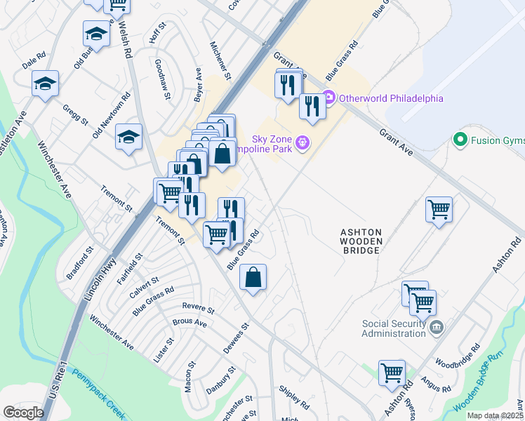 map of restaurants, bars, coffee shops, grocery stores, and more near 9228 Blue Grass Road in Philadelphia