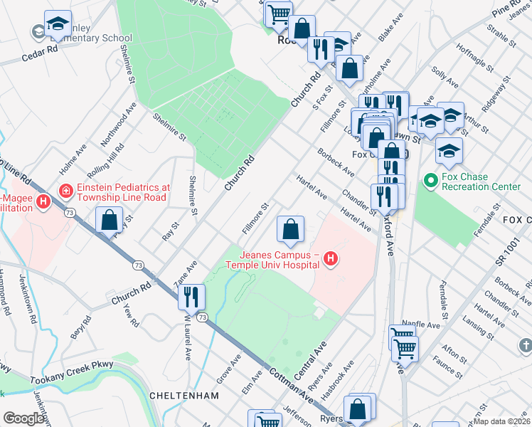 map of restaurants, bars, coffee shops, grocery stores, and more near 7641 Burholme Avenue in Philadelphia