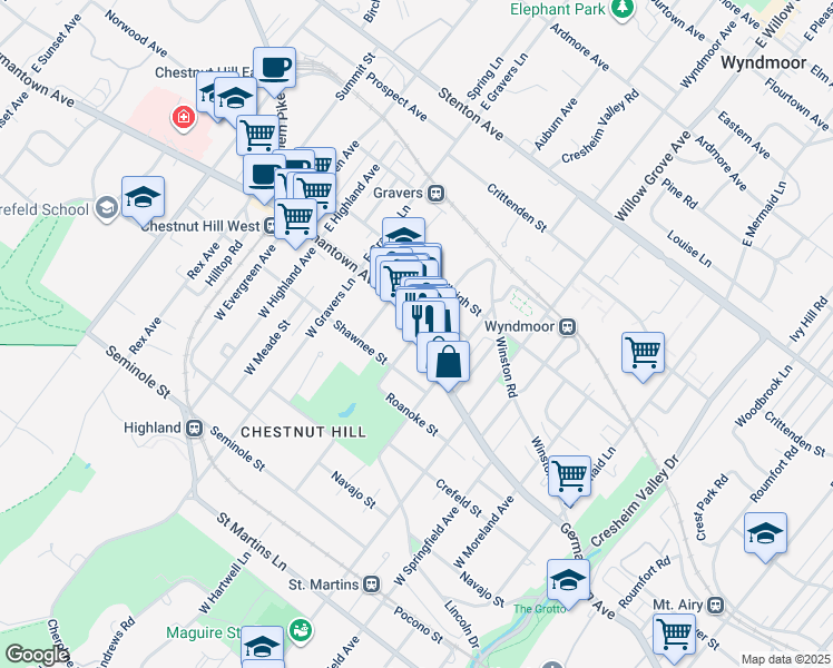 map of restaurants, bars, coffee shops, grocery stores, and more near 8126 Germantown Avenue in Philadelphia