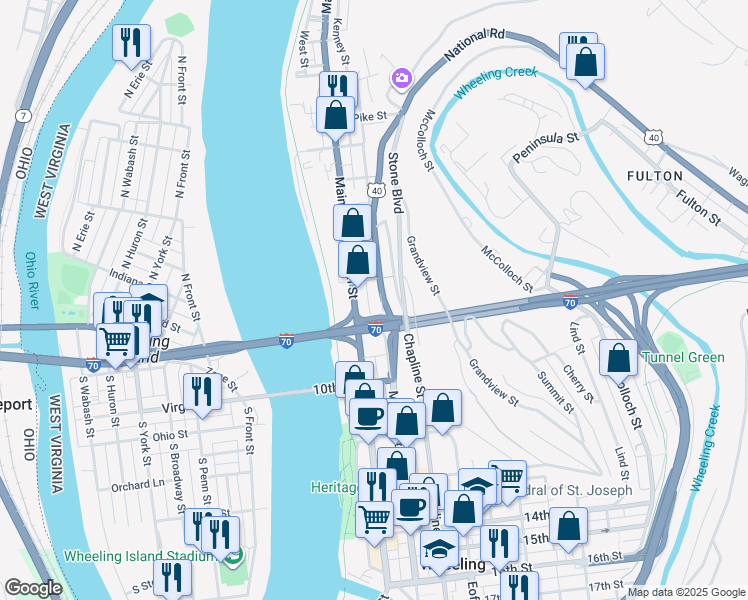 map of restaurants, bars, coffee shops, grocery stores, and more near 838 Main Street in Wheeling