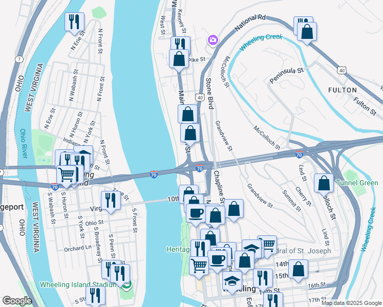map of restaurants, bars, coffee shops, grocery stores, and more near 838 Main Street in Wheeling