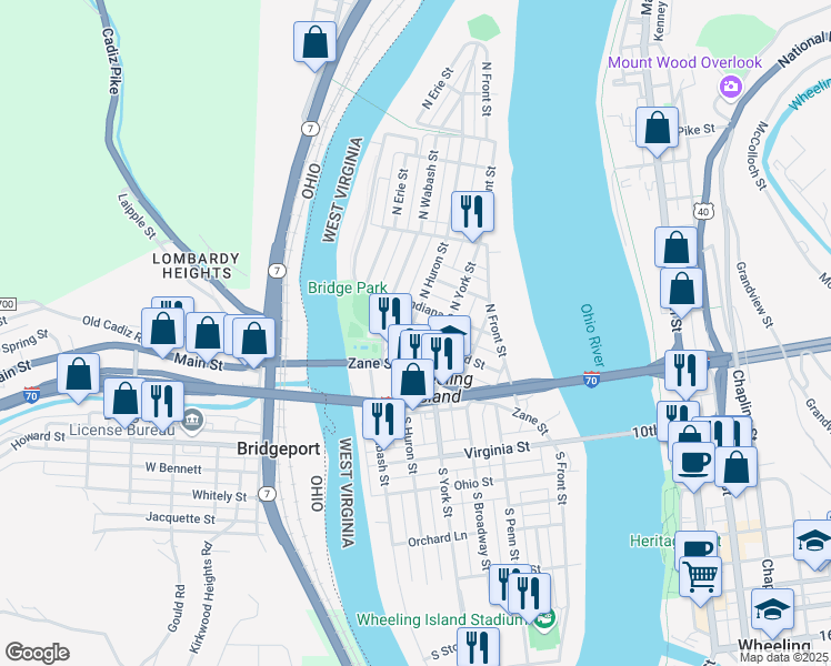 map of restaurants, bars, coffee shops, grocery stores, and more near 78 Maryland Street in Wheeling