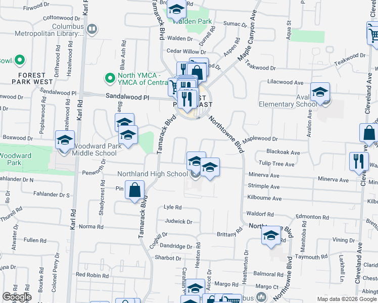 map of restaurants, bars, coffee shops, grocery stores, and more near 1928 Northcliff Drive in Columbus