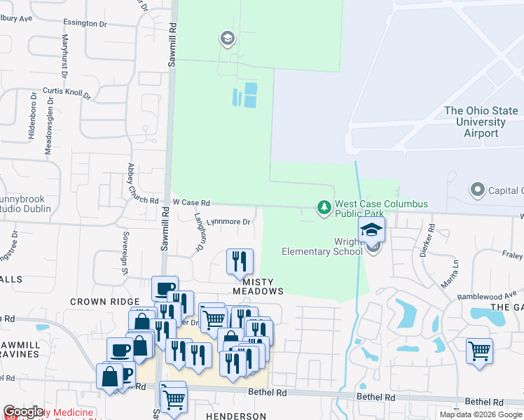 map of restaurants, bars, coffee shops, grocery stores, and more near 5722 Brinkley Court in Columbus