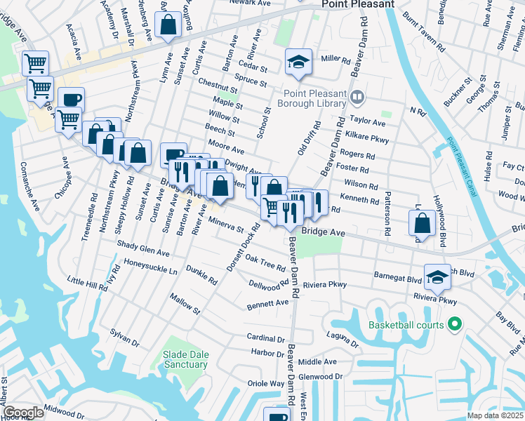 map of restaurants, bars, coffee shops, grocery stores, and more near 1306 Dorsett Dock Road in Point Pleasant