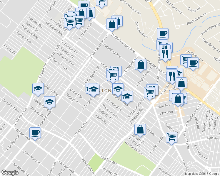 map of restaurants, bars, coffee shops, grocery stores, and more near 1411 East Vernon Road in Philadelphia