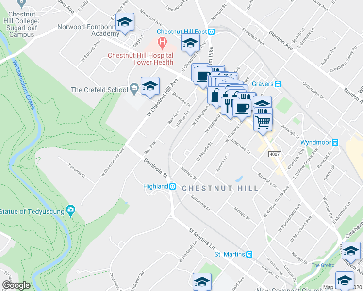 map of restaurants, bars, coffee shops, grocery stores, and more near 220 West Evergreen Avenue in Philadelphia