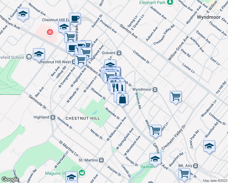 map of restaurants, bars, coffee shops, grocery stores, and more near 8126 Germantown Avenue in Philadelphia