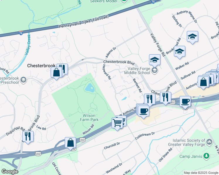 map of restaurants, bars, coffee shops, grocery stores, and more near 7 Liberte Lane in Chesterbrook
