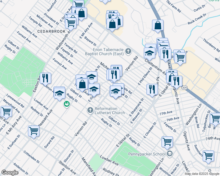 map of restaurants, bars, coffee shops, grocery stores, and more near 1411 East Vernon Road in Philadelphia