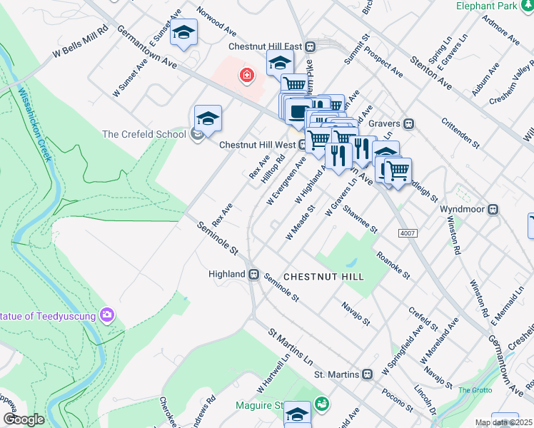 map of restaurants, bars, coffee shops, grocery stores, and more near 220 West Evergreen Avenue in Philadelphia