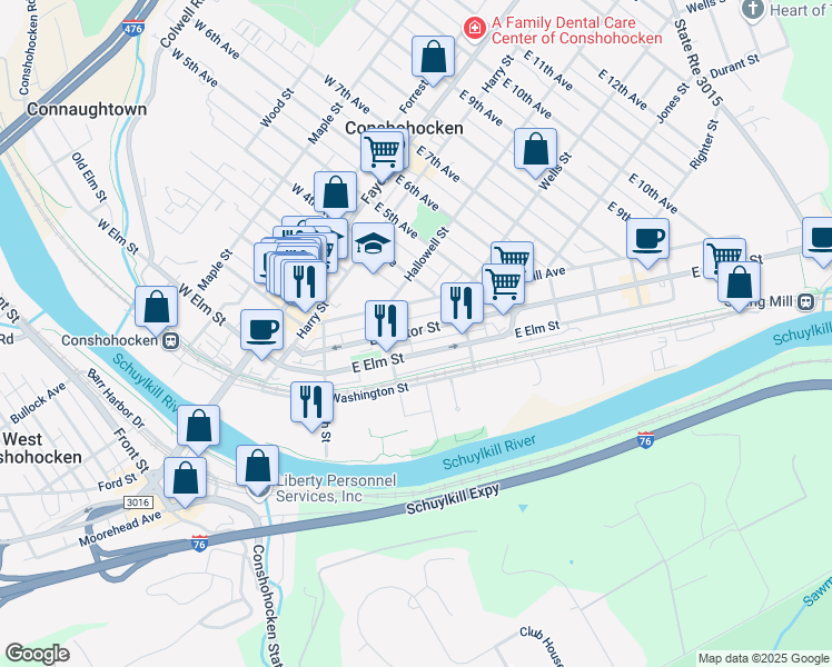 map of restaurants, bars, coffee shops, grocery stores, and more near 333 East Hector Street in Conshohocken