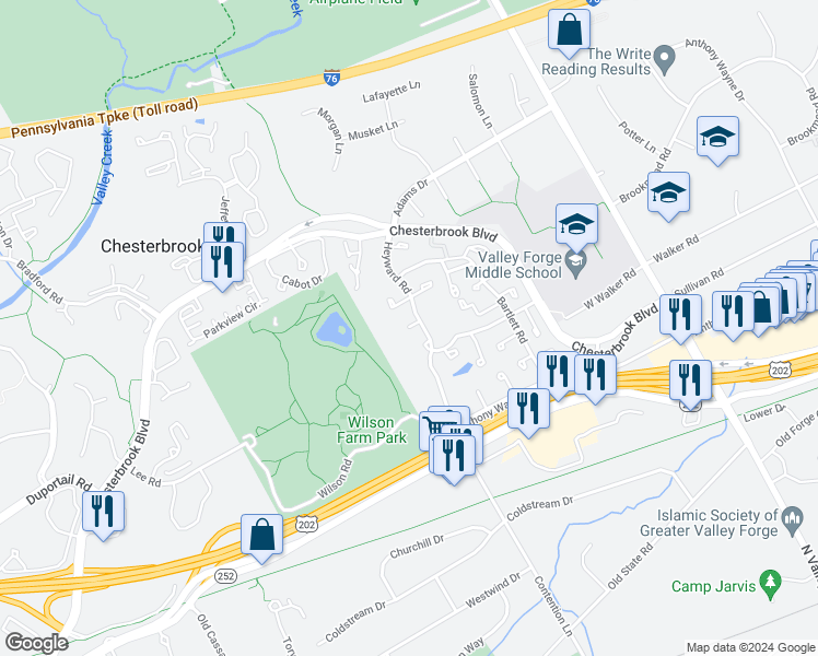 map of restaurants, bars, coffee shops, grocery stores, and more near 17 Liberte Lane in Chesterbrook