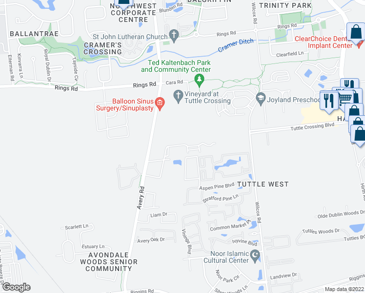 map of restaurants, bars, coffee shops, grocery stores, and more near 5322 Avery Road in Dublin