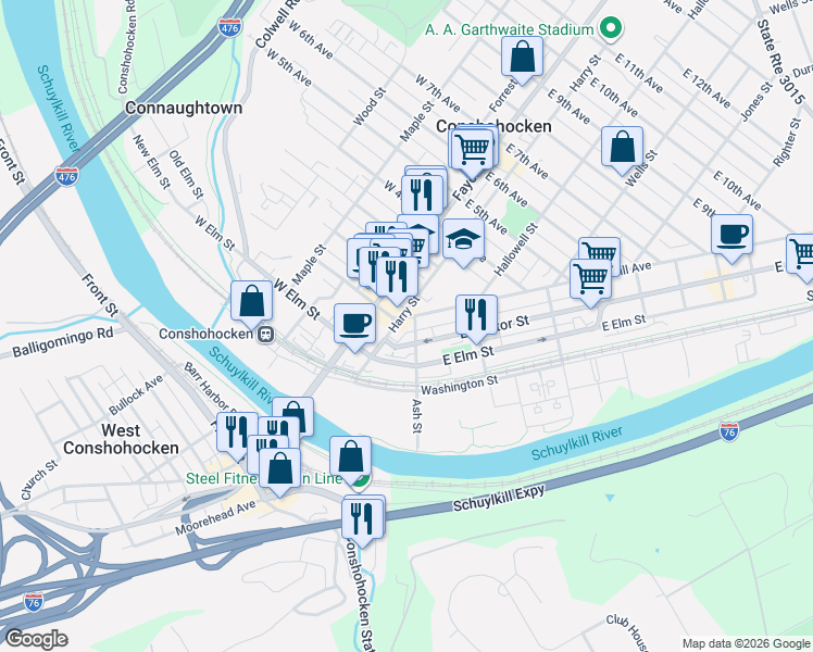 map of restaurants, bars, coffee shops, grocery stores, and more near 201 East Hector Street in Conshohocken