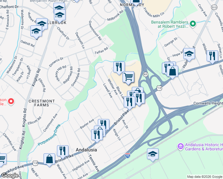 map of restaurants, bars, coffee shops, grocery stores, and more near 1109 Lowell Avenue in Bensalem