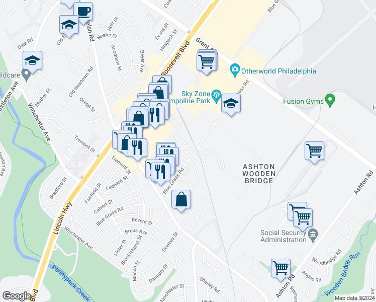 map of restaurants, bars, coffee shops, grocery stores, and more near 9228-38 Blue Grass Road in Philadelphia