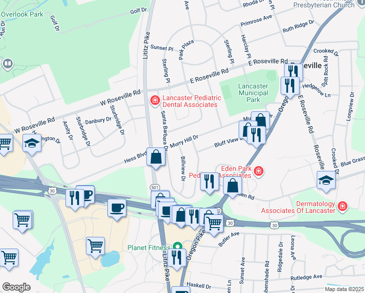 map of restaurants, bars, coffee shops, grocery stores, and more near 130 Murry Hill Drive in Lancaster