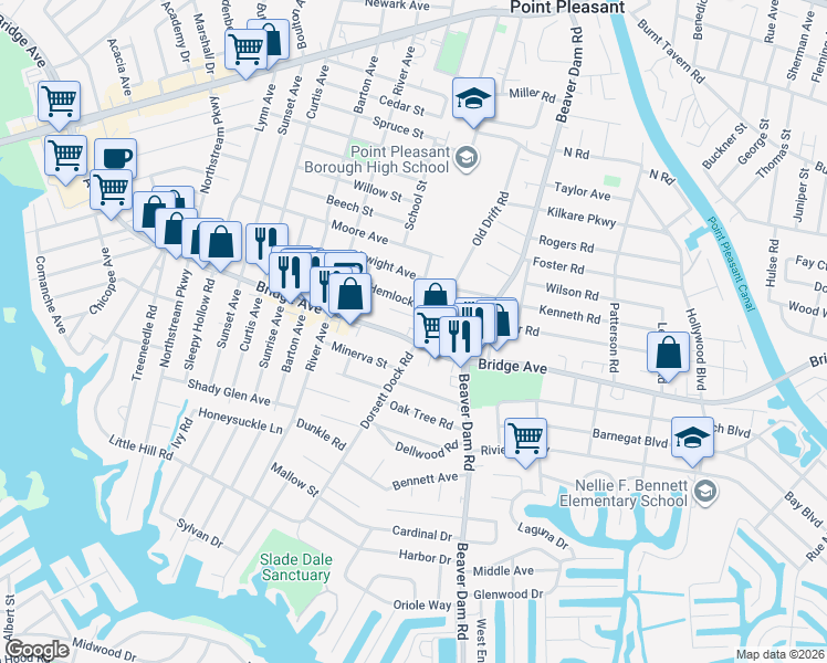 map of restaurants, bars, coffee shops, grocery stores, and more near 1306 Dorset Dock Road in Point Pleasant