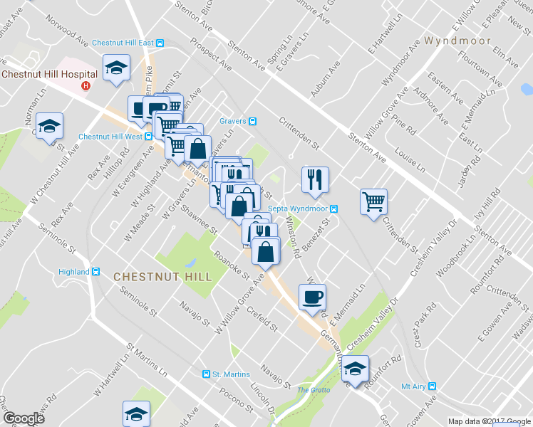 map of restaurants, bars, coffee shops, grocery stores, and more near 29 East Abington Avenue in Philadelphia