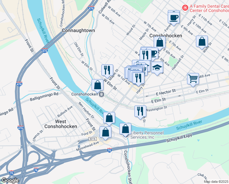 map of restaurants, bars, coffee shops, grocery stores, and more near 150 West Elm Street in Conshohocken