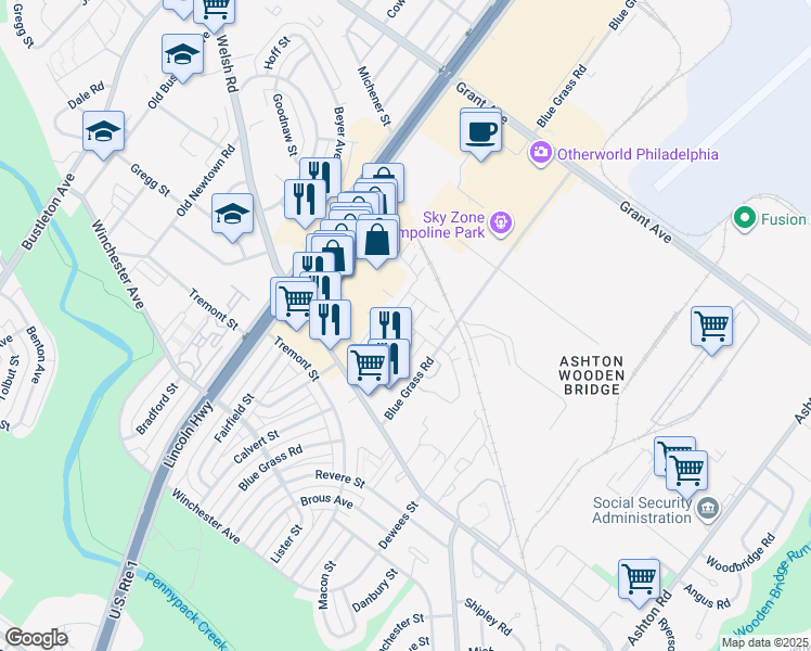 map of restaurants, bars, coffee shops, grocery stores, and more near 33 Bonnie Gellman Court in Philadelphia