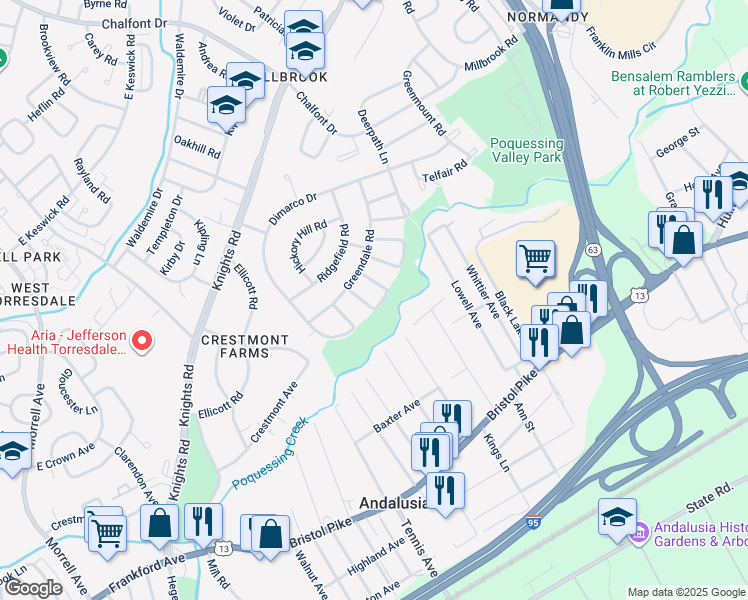 map of restaurants, bars, coffee shops, grocery stores, and more near 240 Wickley Road in Philadelphia