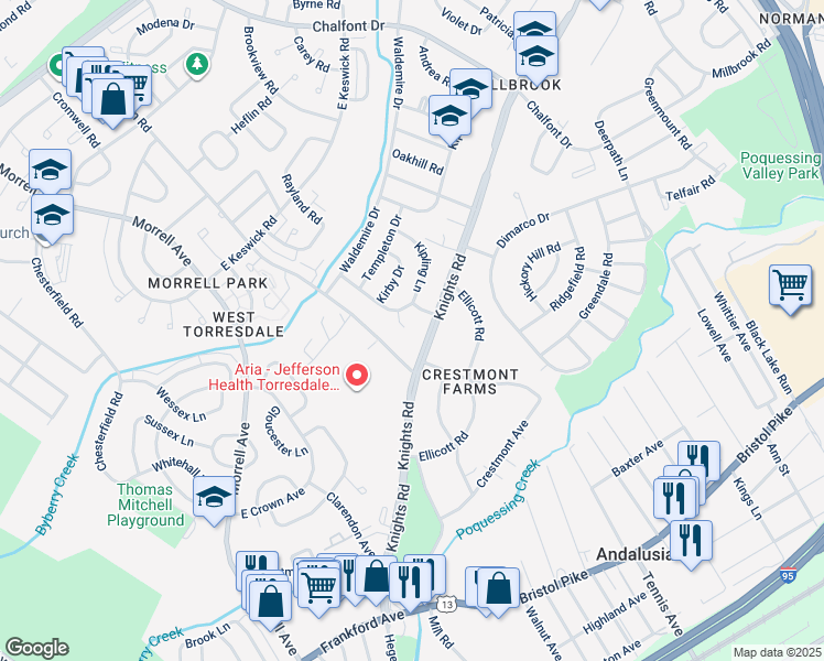 map of restaurants, bars, coffee shops, grocery stores, and more near 3872 Kipling Place in Philadelphia