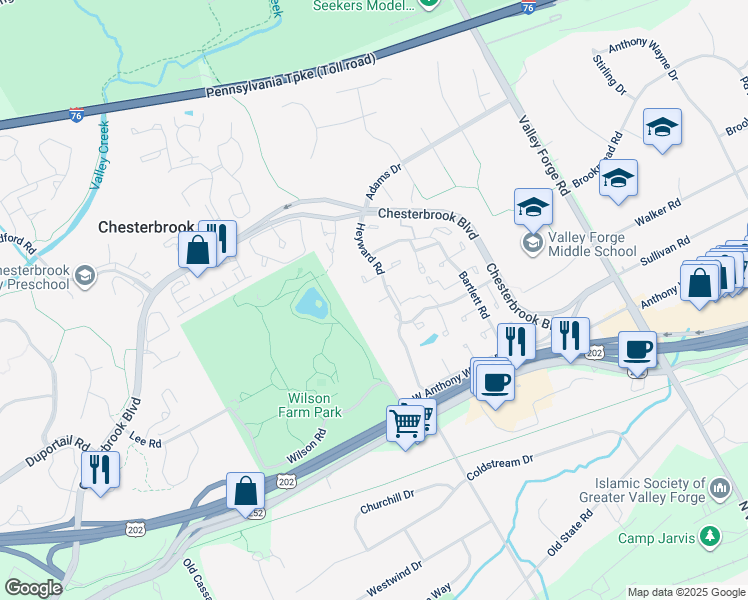 map of restaurants, bars, coffee shops, grocery stores, and more near 7 Liberte Lane in Chesterbrook