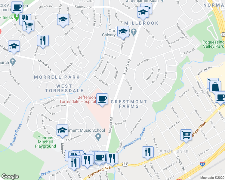 map of restaurants, bars, coffee shops, grocery stores, and more near 3872 Kipling Place in Philadelphia