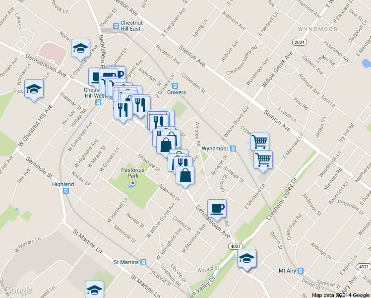 map of restaurants, bars, coffee shops, grocery stores, and more near 31 East Abington Avenue in Philadelphia