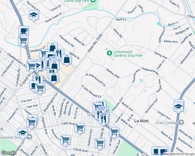 map of restaurants, bars, coffee shops, grocery stores, and more near Unnamed Road in Elkins Park