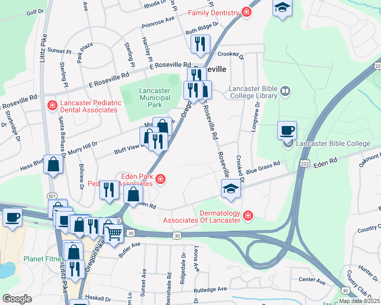 map of restaurants, bars, coffee shops, grocery stores, and more near 500 East Roseville Road in Lancaster