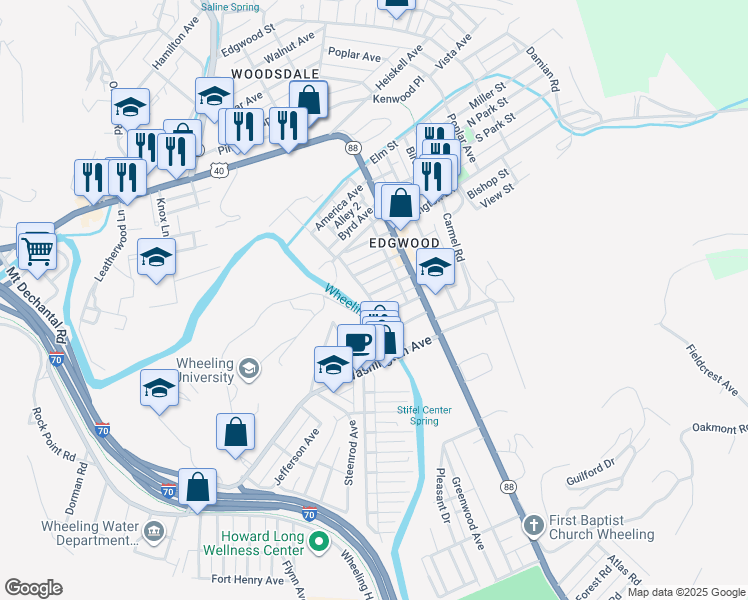 map of restaurants, bars, coffee shops, grocery stores, and more near 9 Laurel Ave in Wheeling