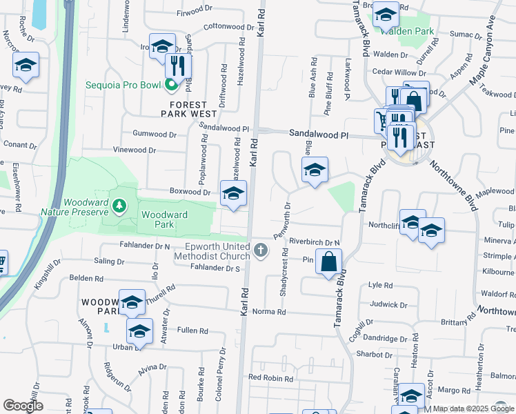map of restaurants, bars, coffee shops, grocery stores, and more near 5223 Arrowood Court in Columbus