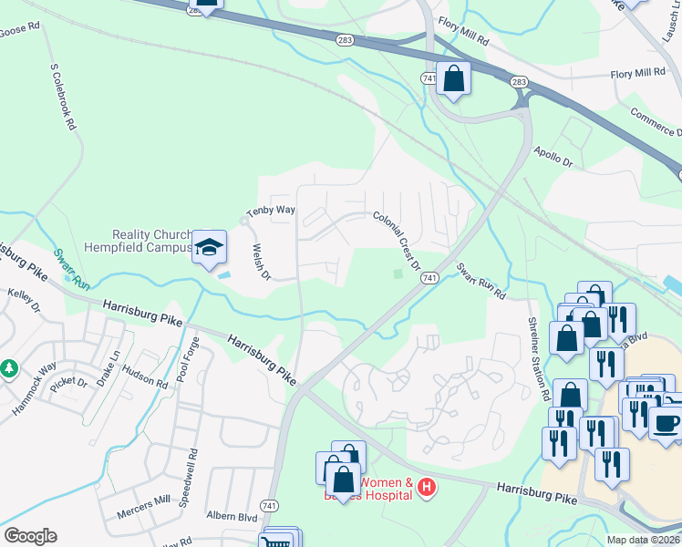map of restaurants, bars, coffee shops, grocery stores, and more near 121 Pentail Drive in Lancaster