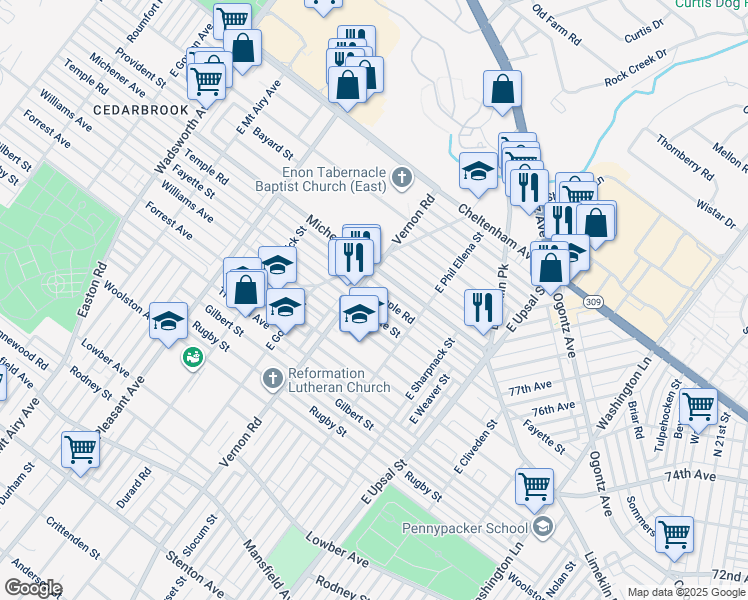 map of restaurants, bars, coffee shops, grocery stores, and more near 7954 Temple Road in Philadelphia