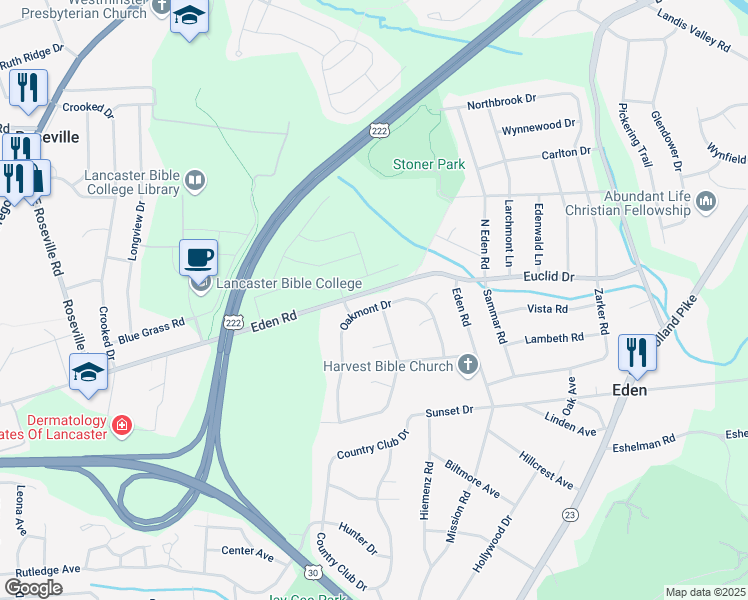 map of restaurants, bars, coffee shops, grocery stores, and more near 1153 Oakmont Drive in Lancaster